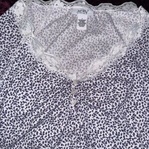 Just My Size White Sleep Top with Navy Floral Print and Lace Trim